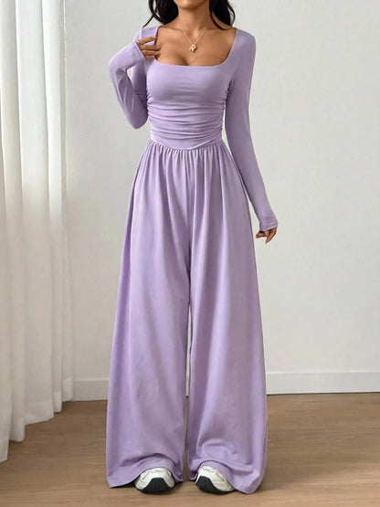Ruched Square Neck Wide-Leg Jumpsuit