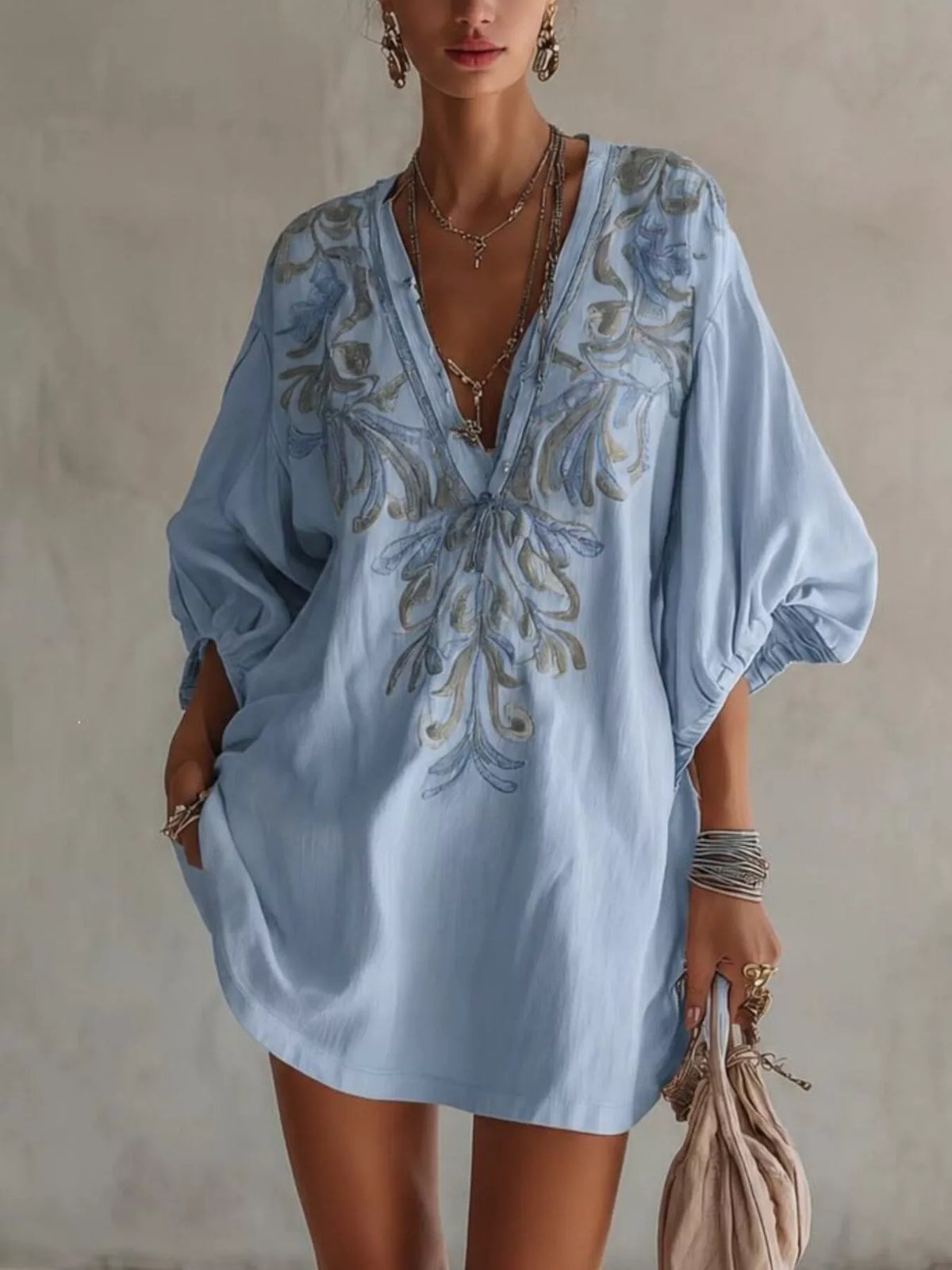Full Size Embroidered V-Neck Mini Dress Plus Size