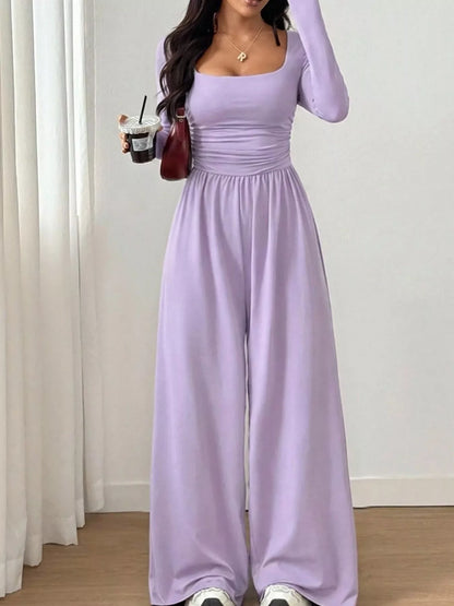 Ruched Square Neck Wide-Leg Jumpsuit