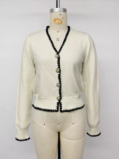 Contrast Trim V-Neck Button-Down Cardigan