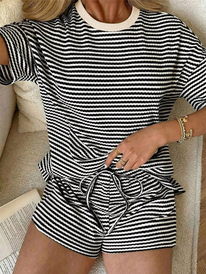 Striped Round Neck Tee and Shorts Set