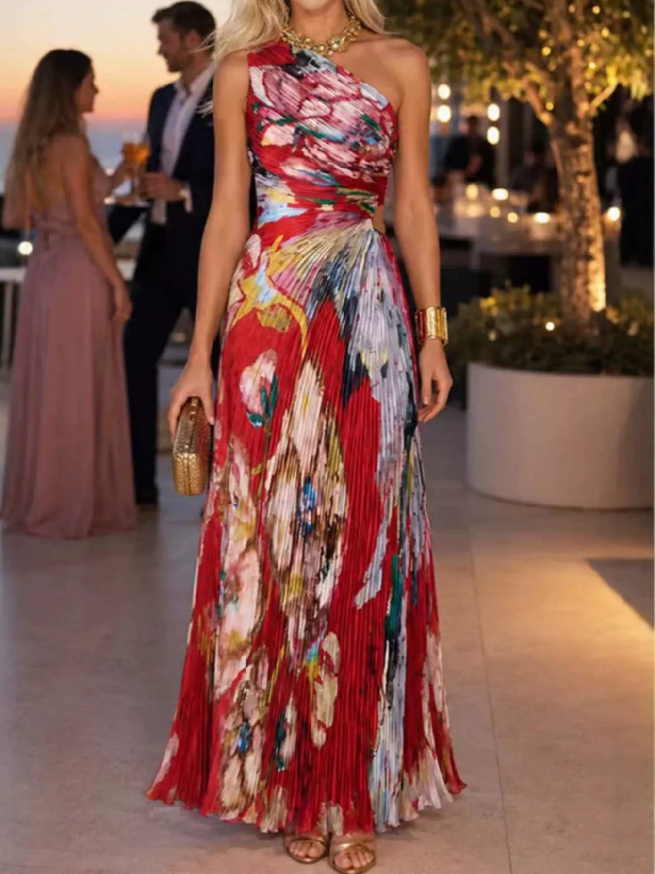 One-Shoulder Pleated Floral Maxi Dress
