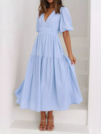 Elegant Puff Sleeve V-Neck Midi Dress