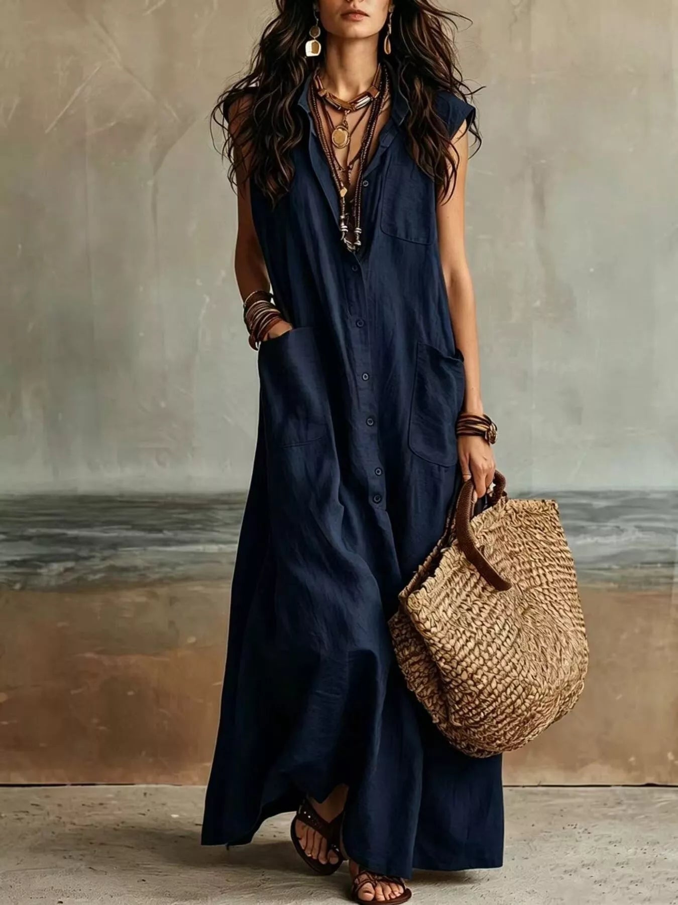 Sleeveless Button-Down Linen Maxi Dress