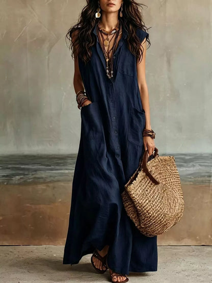 Sleeveless Button-Down Linen Maxi Dress