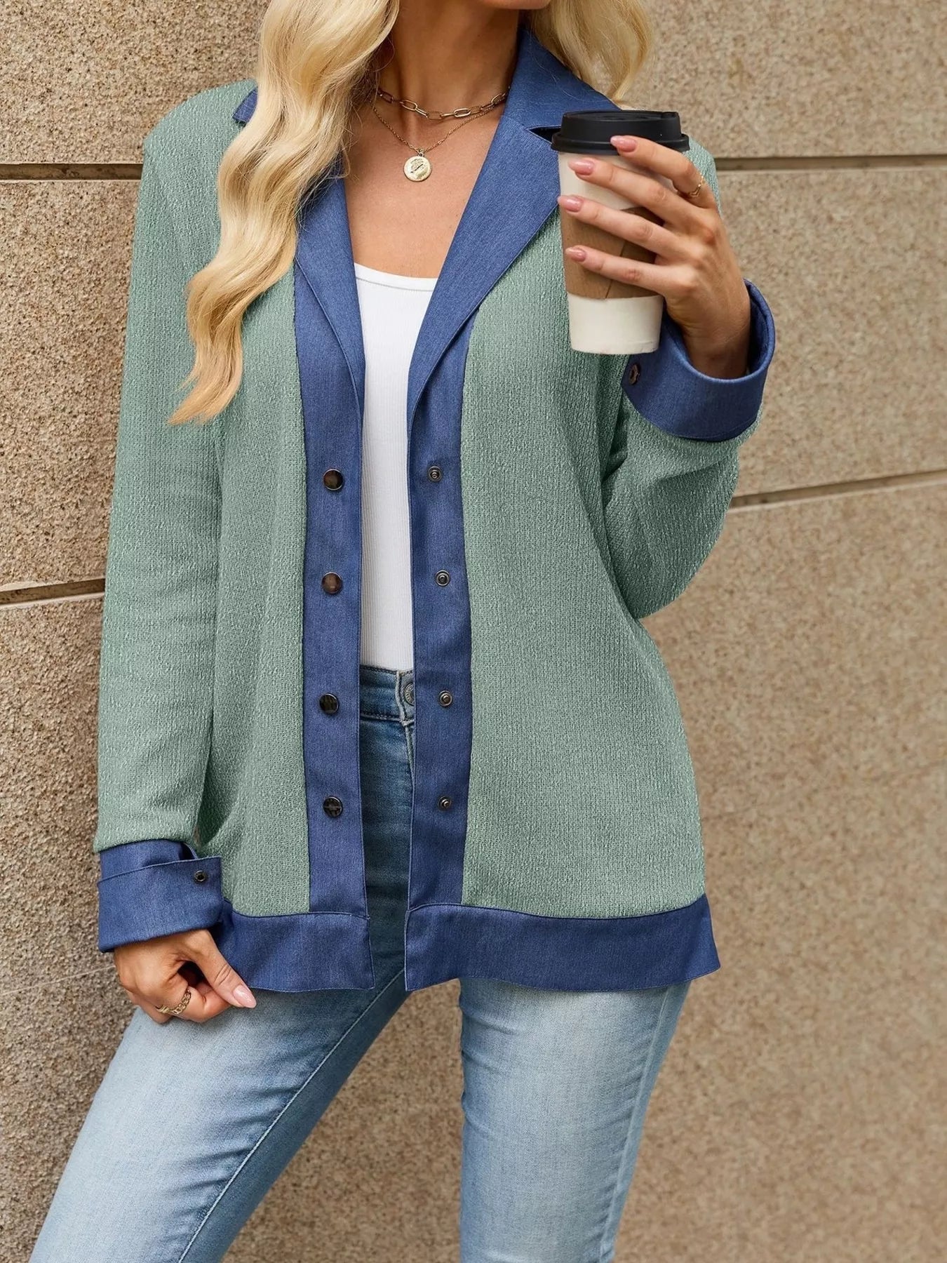 Contrast Denim Lapel Collar Outerwear