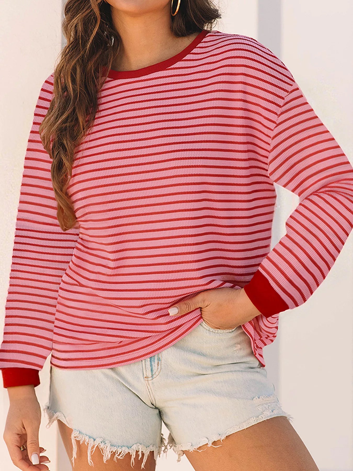 Stripe Textured Round Neck Drop Shoulder Long Sleeve T Shirt