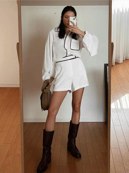 French Style Contrasting Color Shirt Shorts Two-piece Set