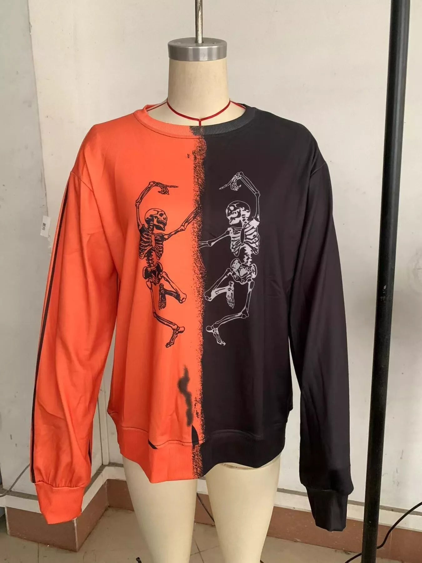 Halloween Skeleton Print Color Block Sweatshirt