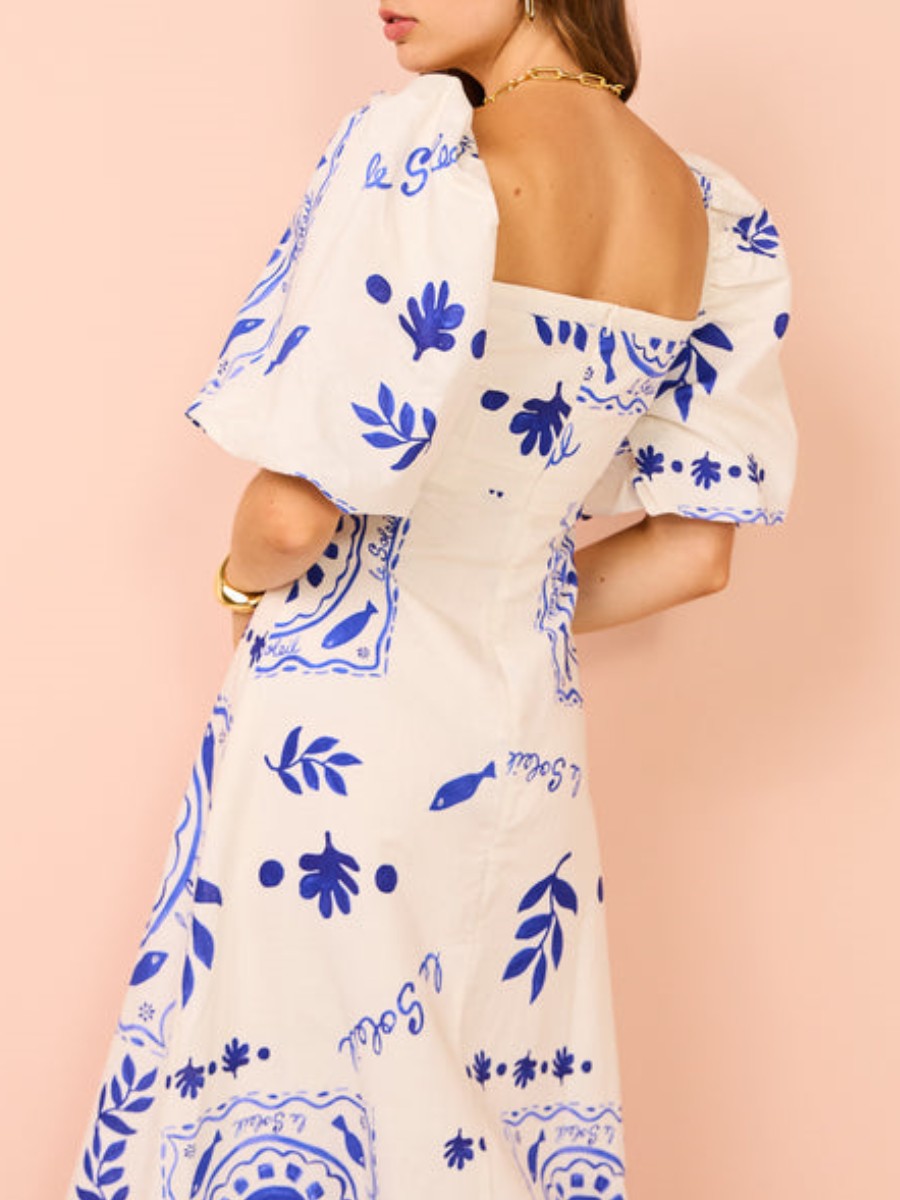 Elegant Blue Graffiti Bishop Sleeve Maxi Dress