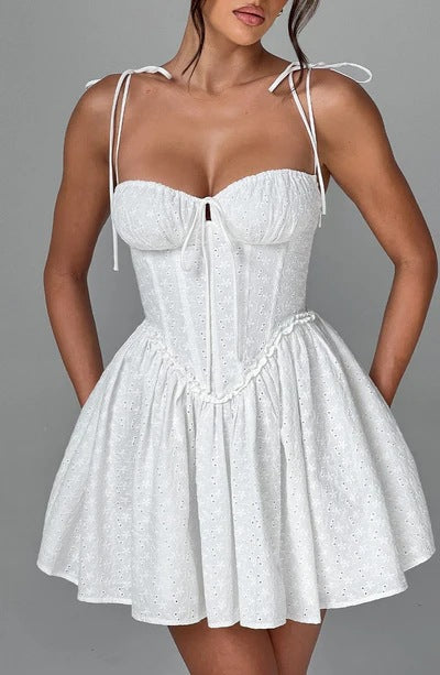 French Embroideried Lace-Up Slip Dress