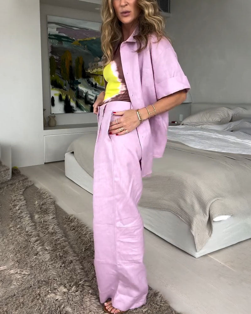 Pink cotton and linen casual two-piece set