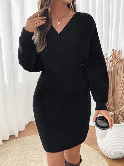 | Perfee Surplice Long Sleeve Sweater Dress