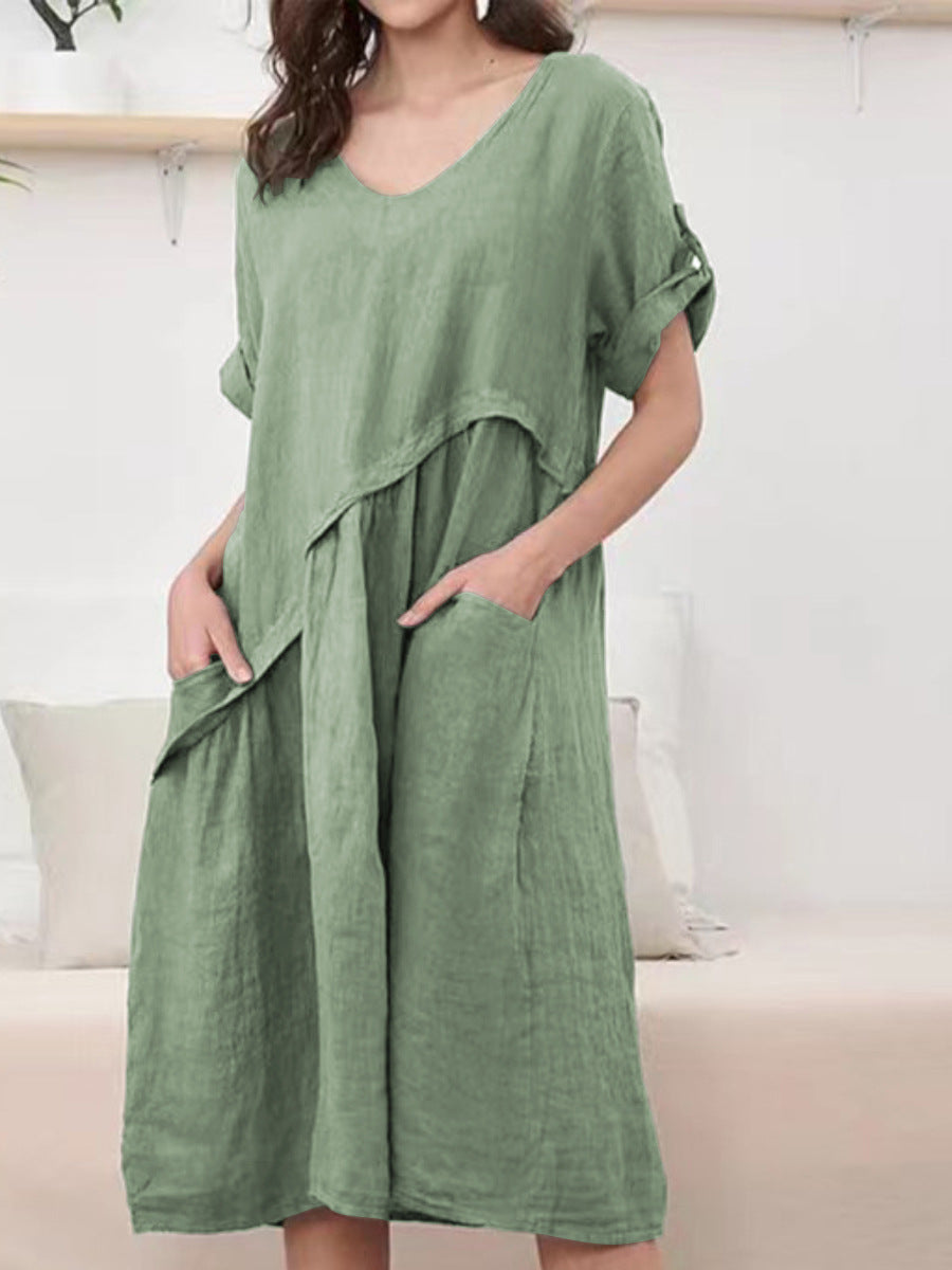 New Short Sleeves V-neck Pocket Dress