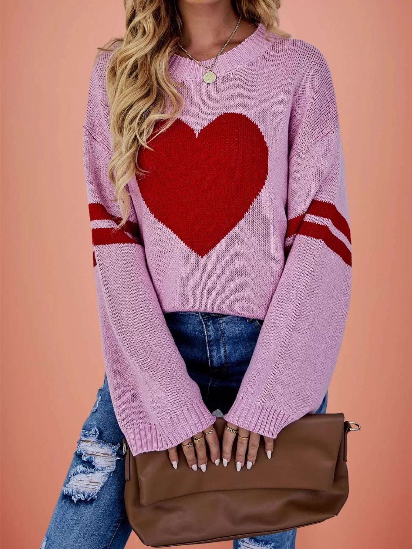 Heart Pattern Dropped Shoulder Sweater