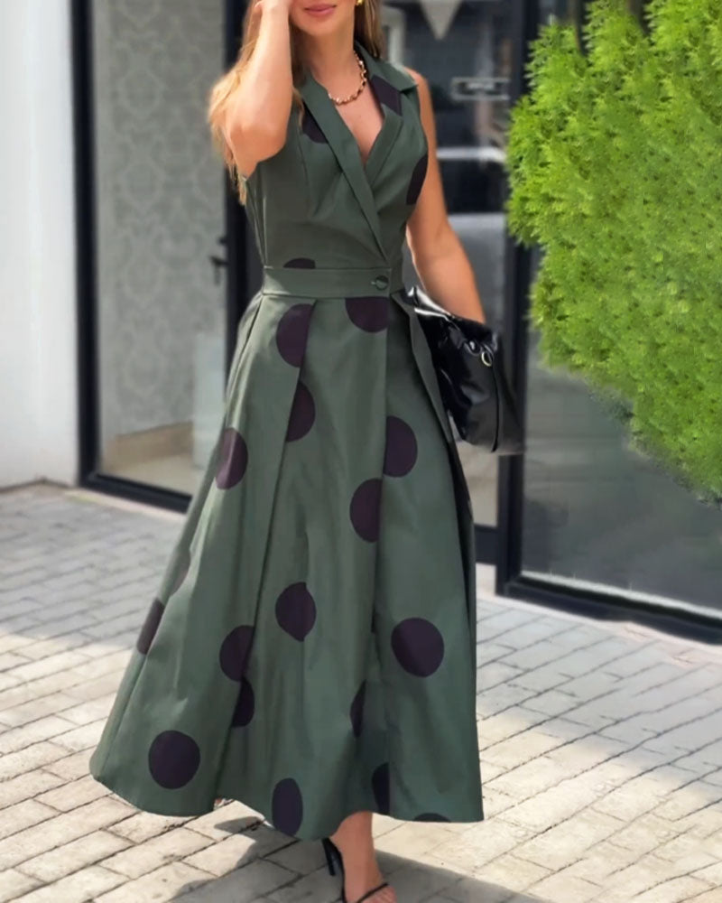 Fashion Lapel Polka Dot Sleeveless Dress