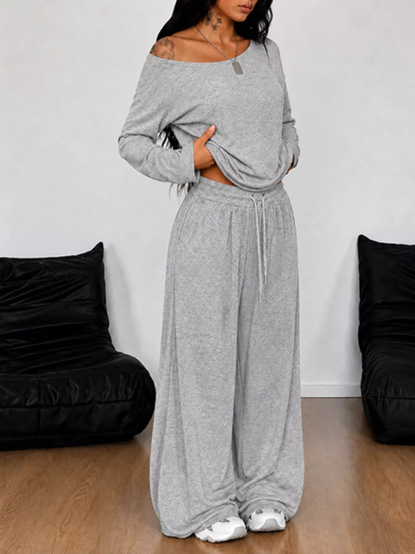 Boat Neck Long Sleeve Top and Wide-Leg Pants Set