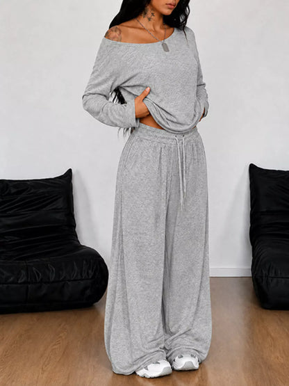 Boat Neck Long Sleeve Top and Wide-Leg Pants Set
