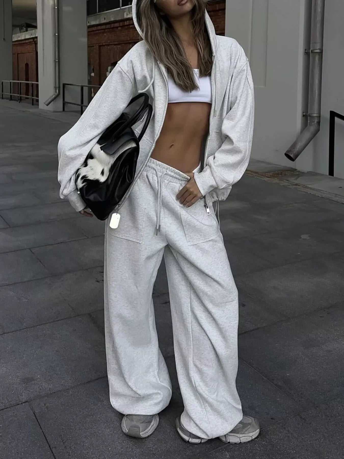 Oversized Zip-Up Hoodie and Wide-Leg Pants Set