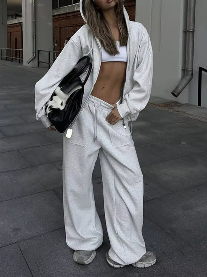Oversized Zip-Up Hoodie and Wide-Leg Pants Set
