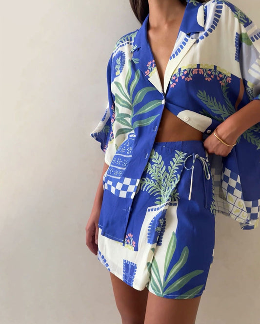 Fashion Holiday Print Shirt & Skirt Two-Piece Set