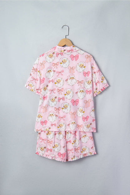 Pink Santa Print Paneling Shift Silhouette Short Sleeve Lounge Set