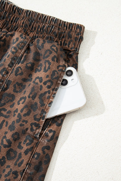 Brown Leopard Print Elastic Waist Drawstring Denim Skort