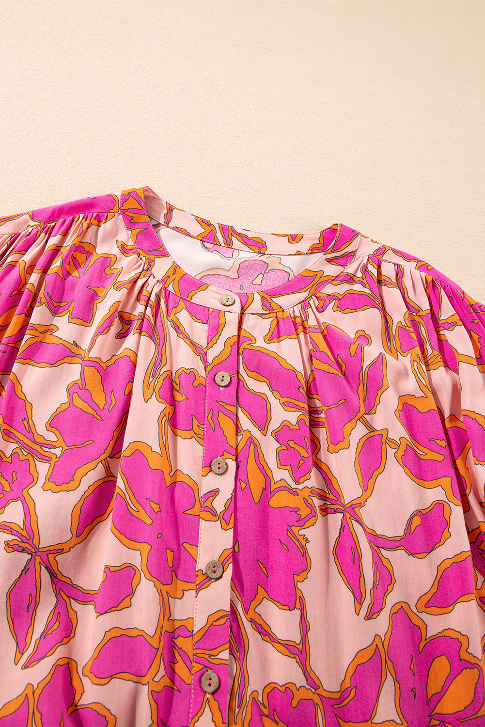 Anne's Pink Floral Print Batwing Sleeve Buttoned Loose Fit Shirt