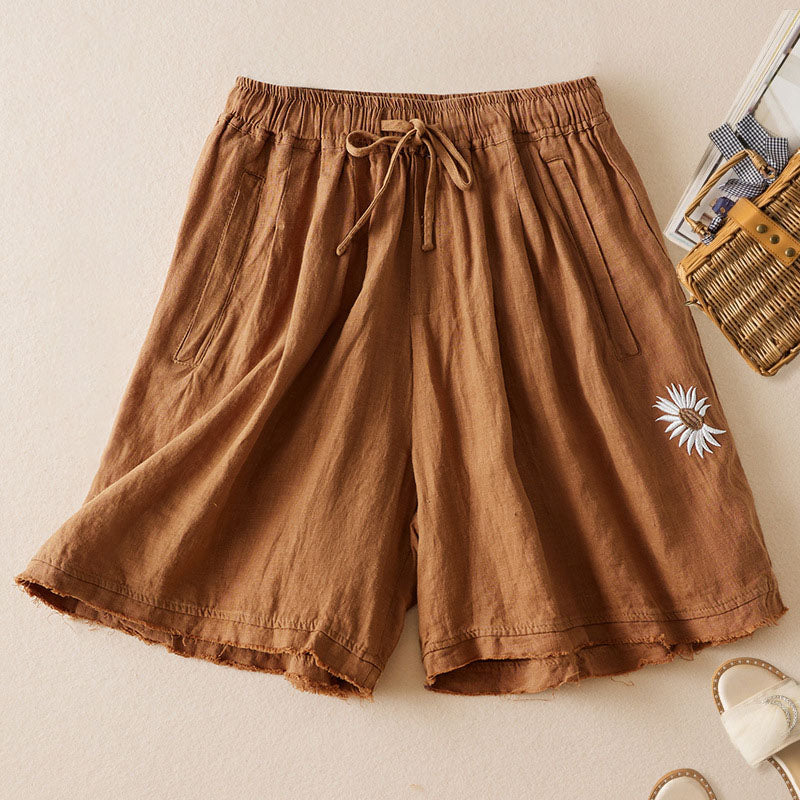 5-Color Thin Retro Daisy Embroidered Casual Shorts