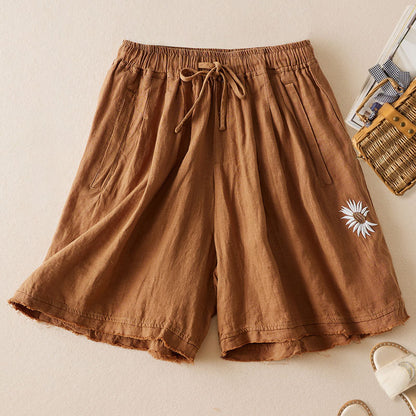 5-Color Thin Retro Daisy Embroidered Casual Shorts