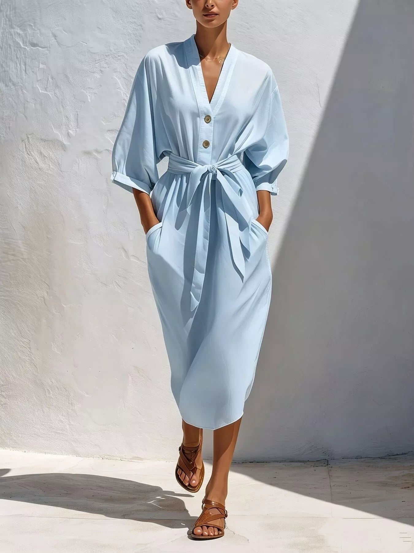 Full Size Tie Waist V-Neck Midi Dress Plus Size