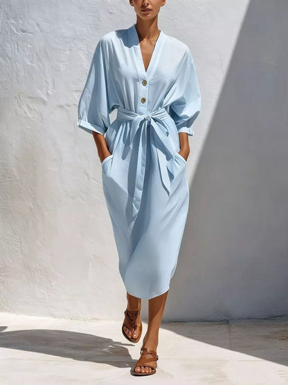 Full Size Tie Waist V-Neck Midi Dress Plus Size