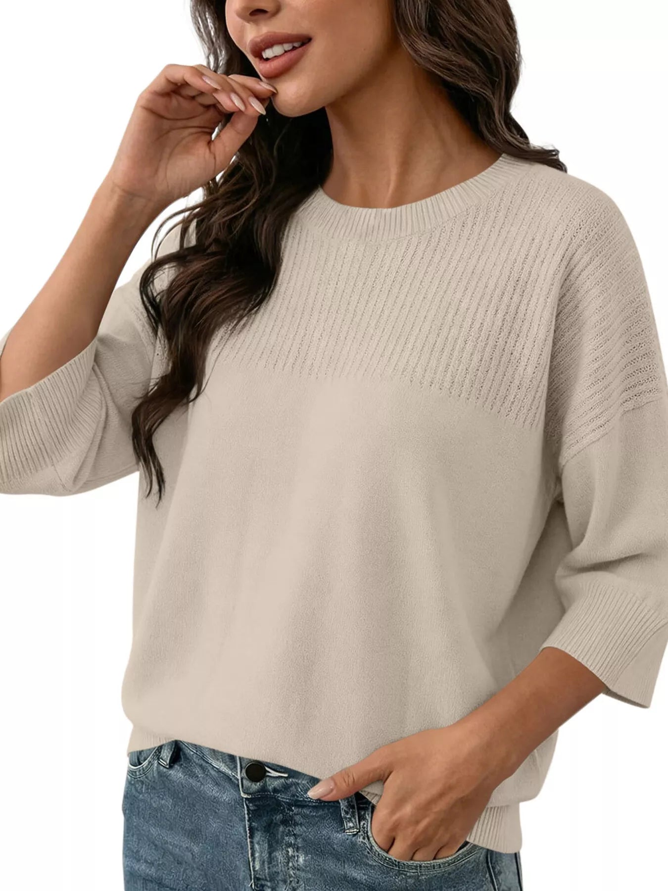 Elegant Crew Neck Eyelet Ribbed Sweater