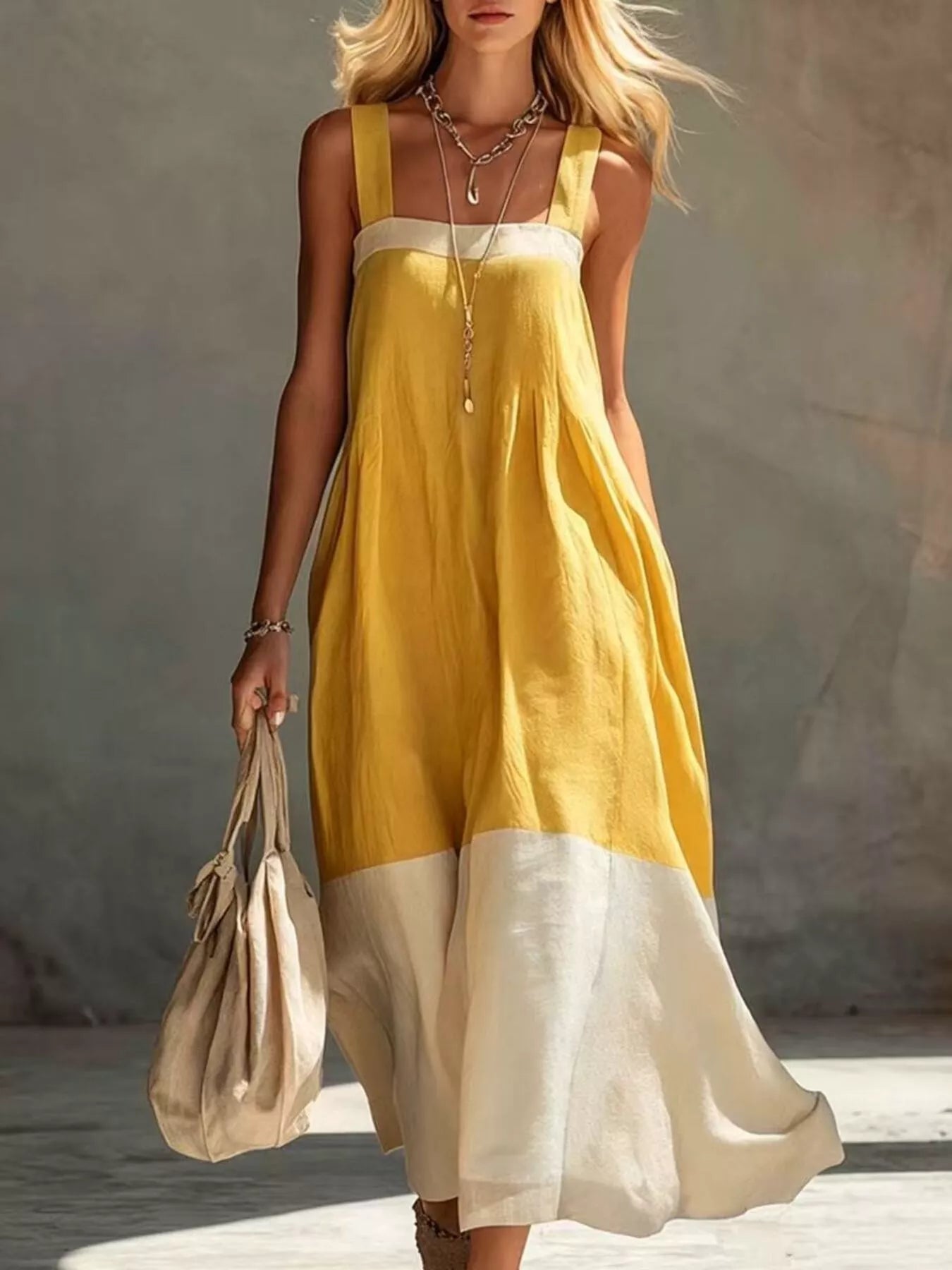 Color-Block Sleeveless Linen-Blend Midi Dress