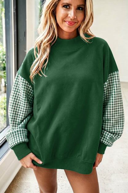 Evergreen Plaid Sleeve Colorblock Loose Tunic Sweatshirt
