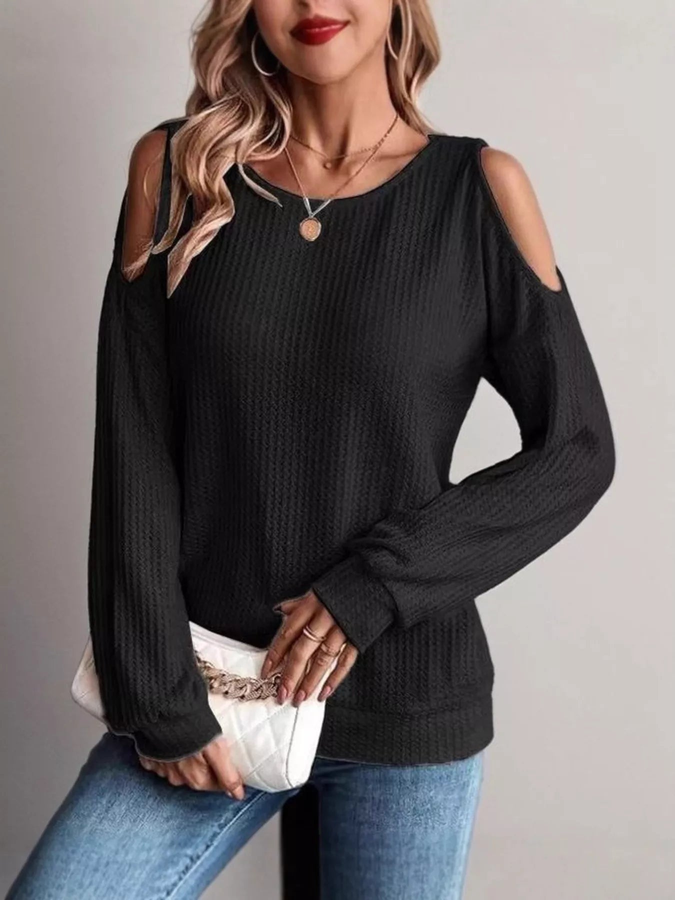 Solid Color Cold Shoulder Long Sleeve T-Shirt