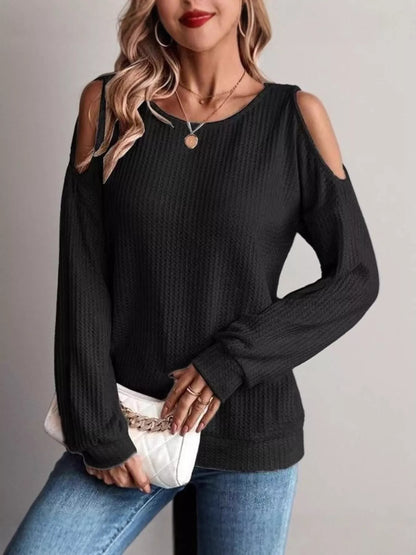 Solid Color Cold Shoulder Long Sleeve T-Shirt