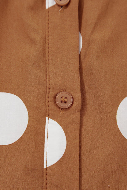 Brown Polka Dot Button Front Long Sleeve Shift Dress