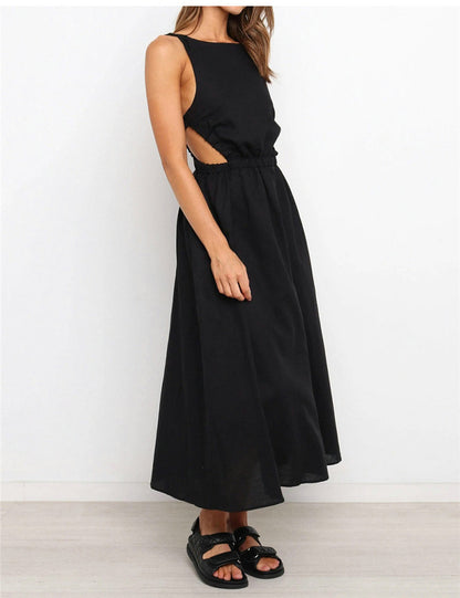 Solid Color Linen Backless Dress