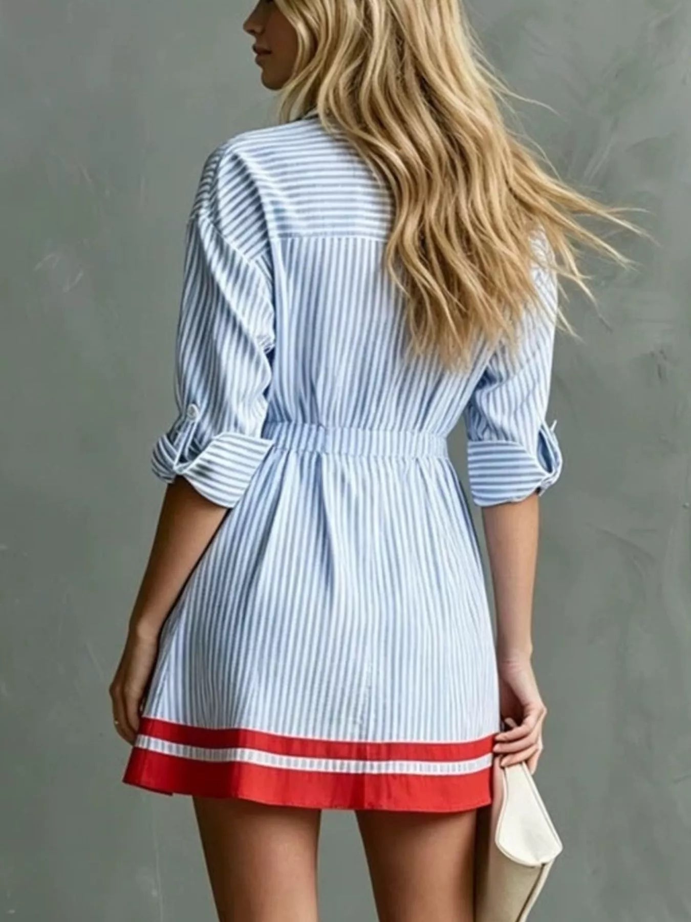 Striped Button-Down Shirt Dress with Contrast Hem