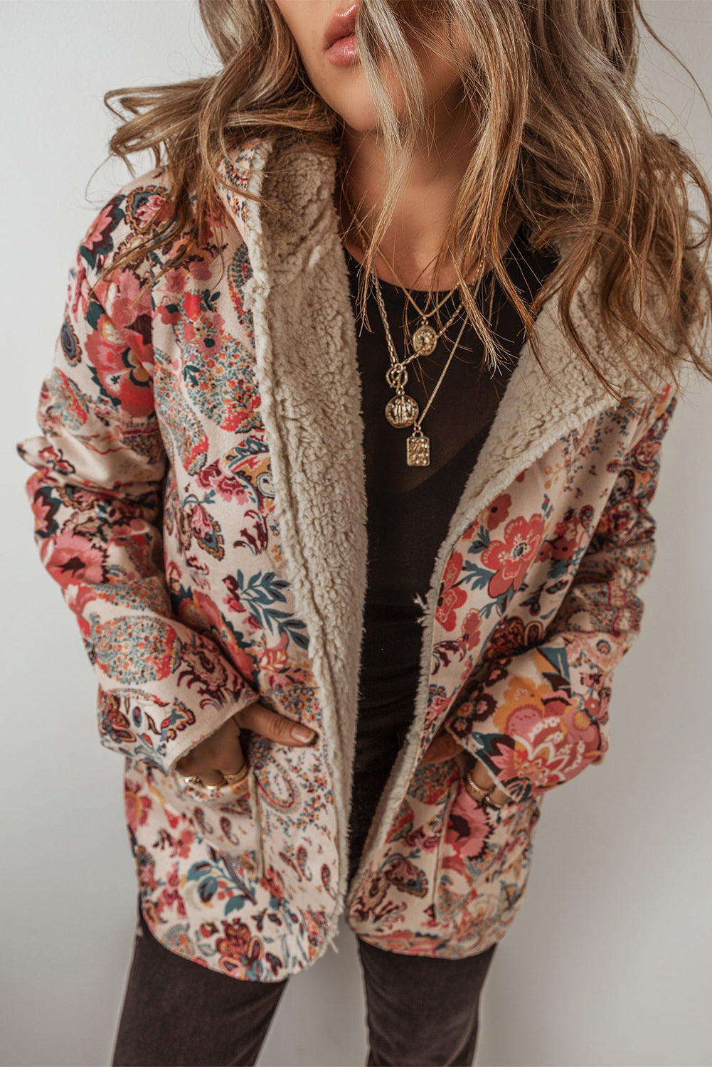 Blue Zone Planet | Beige Vintage Paisley Floral Printed Sherpa Lined Hooded Jacket