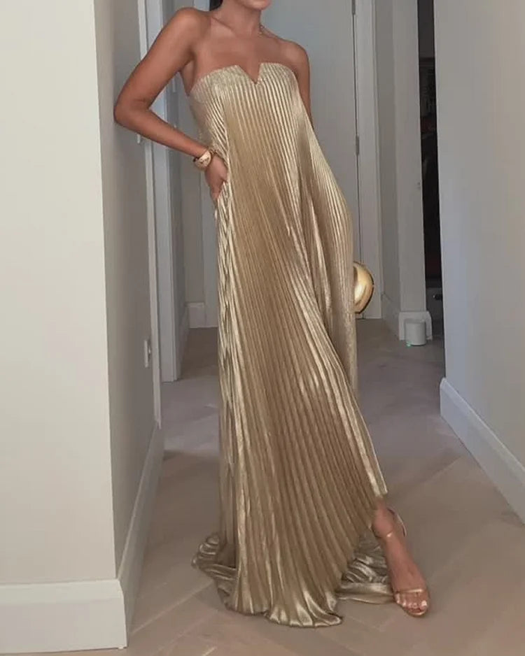 Sleeveless Pleated Solid Dress