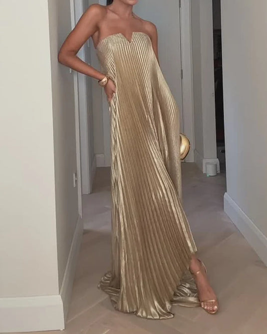 Sleeveless Pleated Solid Dress