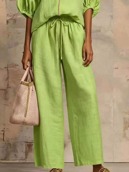 Full Size Zip-Front Top and Wide-Leg Pants Set Plus Size