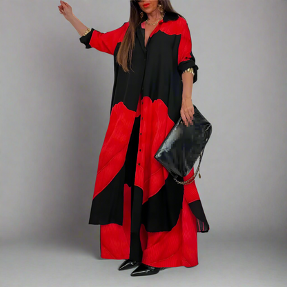 Ensemble deux pièces haut mi-long imprimé et pantalon large