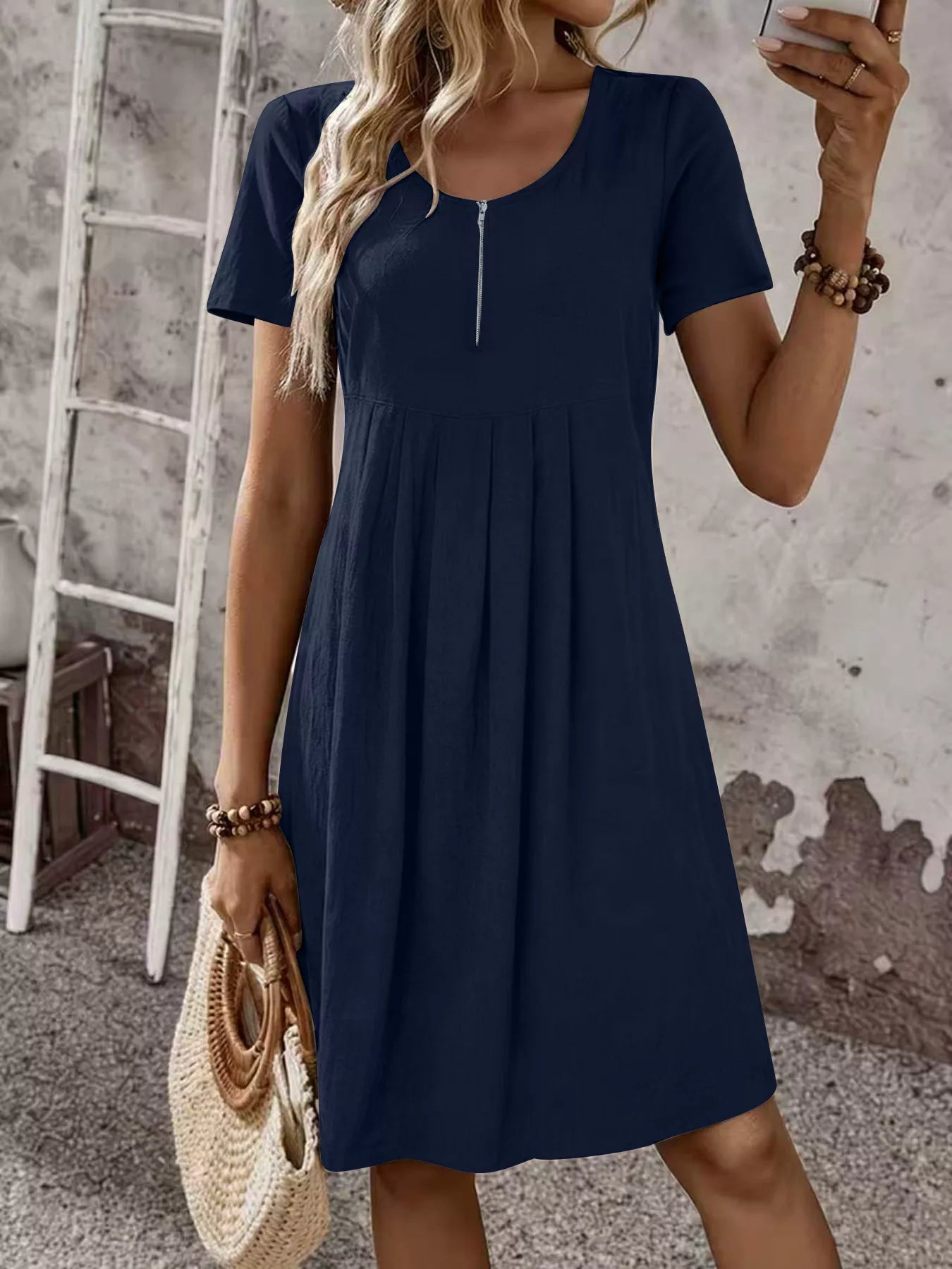 Zipper-Front Short Sleeve A-Line Dress