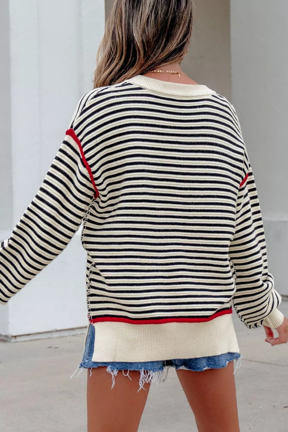 Stripe Ribbed Trim Drop Shoulder Oversized Sweater