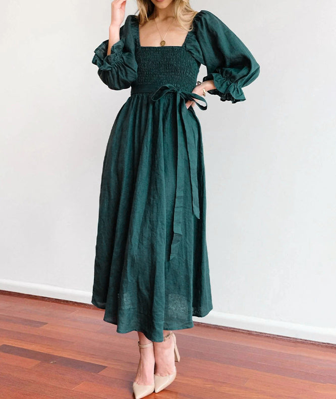 French Ruffled Lantern Sleeves Multi-wear Dress Green