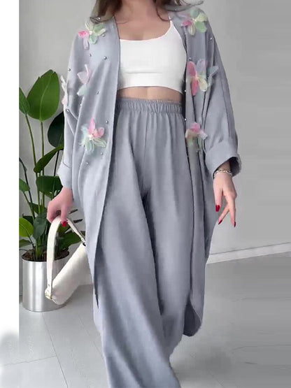 Crafted Floral Cardigan And Trousers Suit