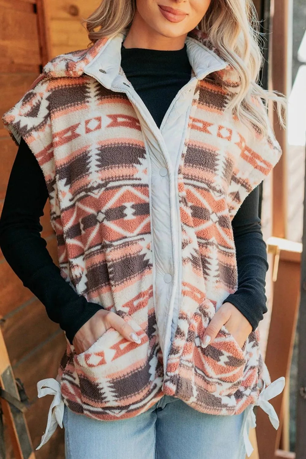 Geometric Print Fleece Metal Button Placket Shift Silhouette Vest